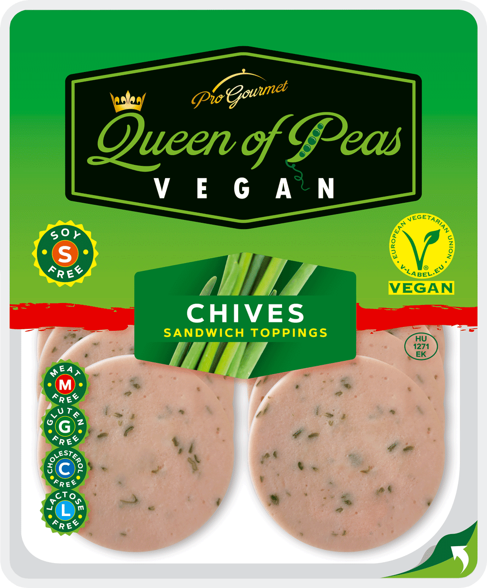 Vegan chives sandwich toppings by Queen of Peas, plant-based, healthy, GMO-free, allergen-free, meat-free, nitrite-free, cholesterol-free.