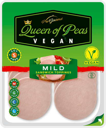 Sliced vegan mild sandwich toppings in green packaging labeled Queen of Peas, allergen-free, plant-based, healthy, GMO-free.