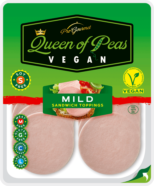 Sliced vegan mild sandwich toppings in green packaging labeled Queen of Peas, allergen-free, plant-based, healthy, GMO-free.