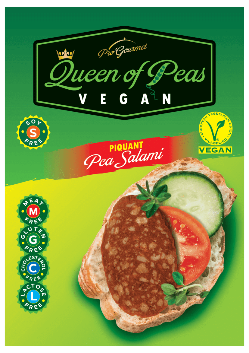 Vegan Piquant Pea Salami by Queen of Peas, plant-based, meat-free, GMO-free, allergen-free, cholesterol-free, and nitrite-free.