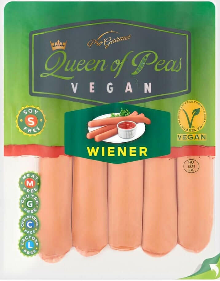 Vegan wiener sausages by Queen of Peas, plant-based meat-free sausages, nitrite-free, cholesterol-free, and allergen-free.