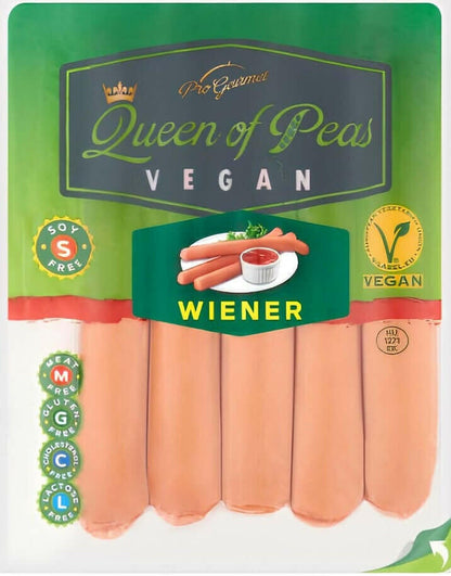 Vegan wiener sausages by Queen of Peas, plant-based meat-free sausages, nitrite-free, cholesterol-free, and allergen-free.