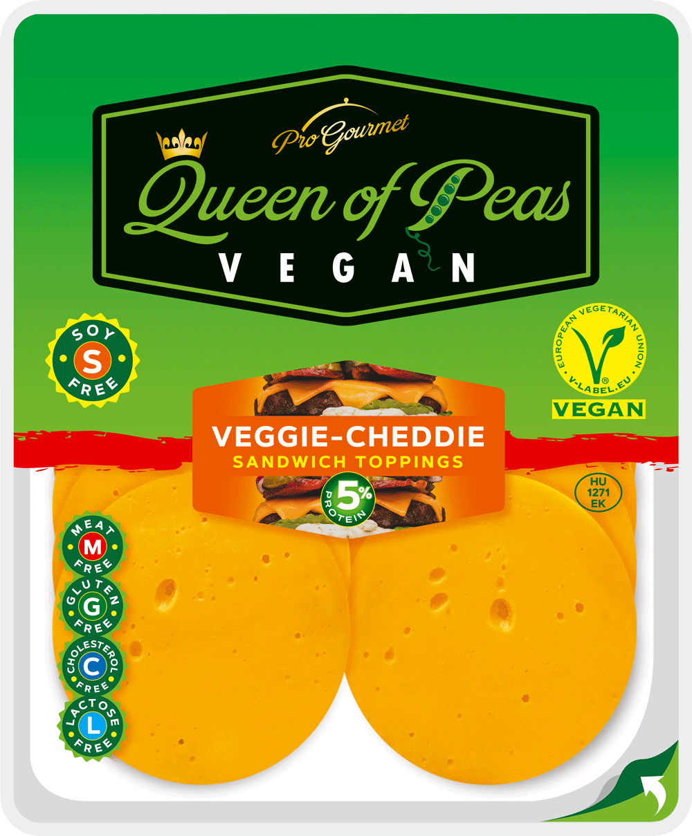 Veggie-Cheddie vegan sandwich toppings by Queen of Peas with plant-based, healthy, allergen-free, and GMO-free cheese alternative packaging.
