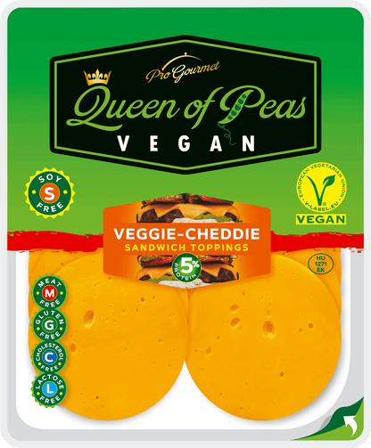 Veggie-Cheddie vegan sandwich toppings by Queen of Peas with plant-based, healthy, allergen-free, and GMO-free cheese alternative packaging.