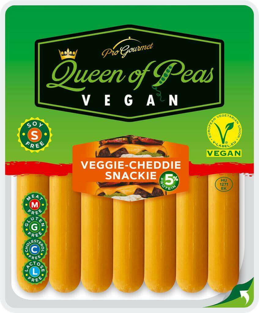 Veggie-Cheddie Queen of Peas Vegan Snackie package showing plant-based, allergen-free, GMO-free, and cholesterol-free cheese alternative.